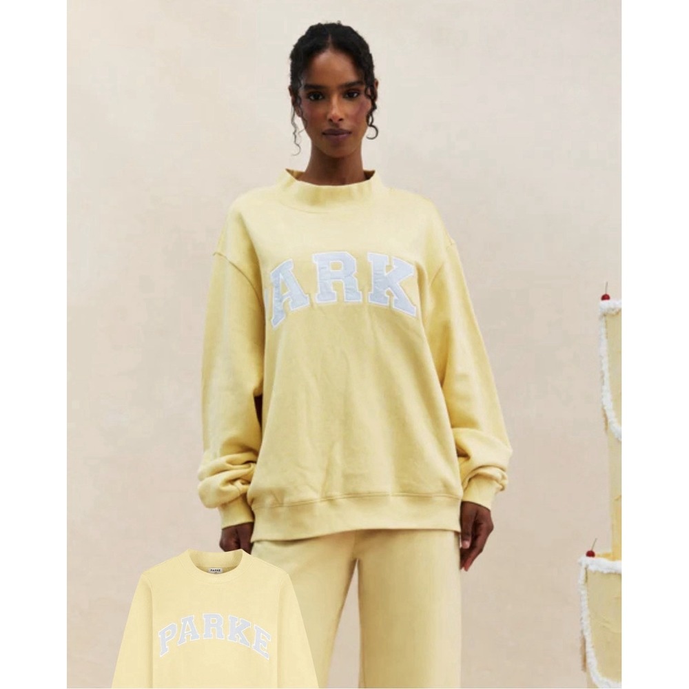NWT PARKE Birthday Heritage Varsity Mockneck Banana Cream Yellow Sweatshirt XL